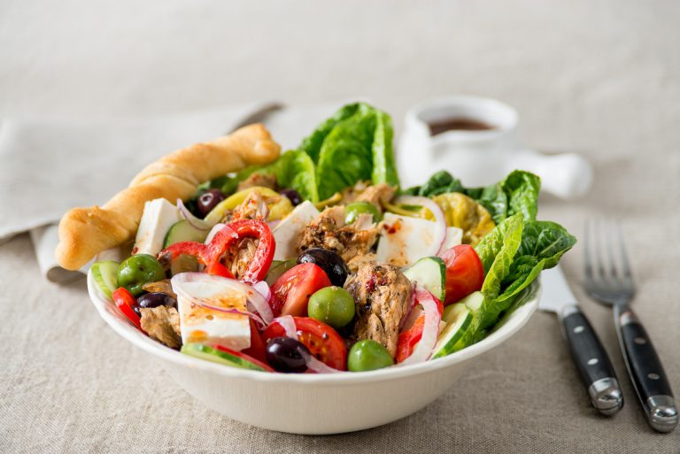 greek salad with mackerel