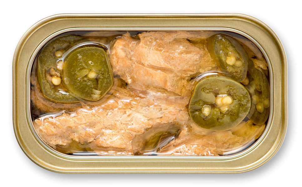 Skinless & Boneless Mackerel Fillets with Jalapeño Peppers open can