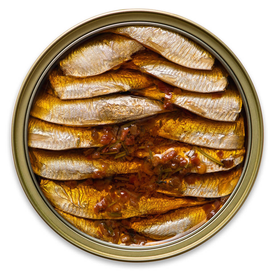 Brisling Sardines in Extra Virgin Olive Oil with Bell Pepper, Herbs & Hot Chili Open Can