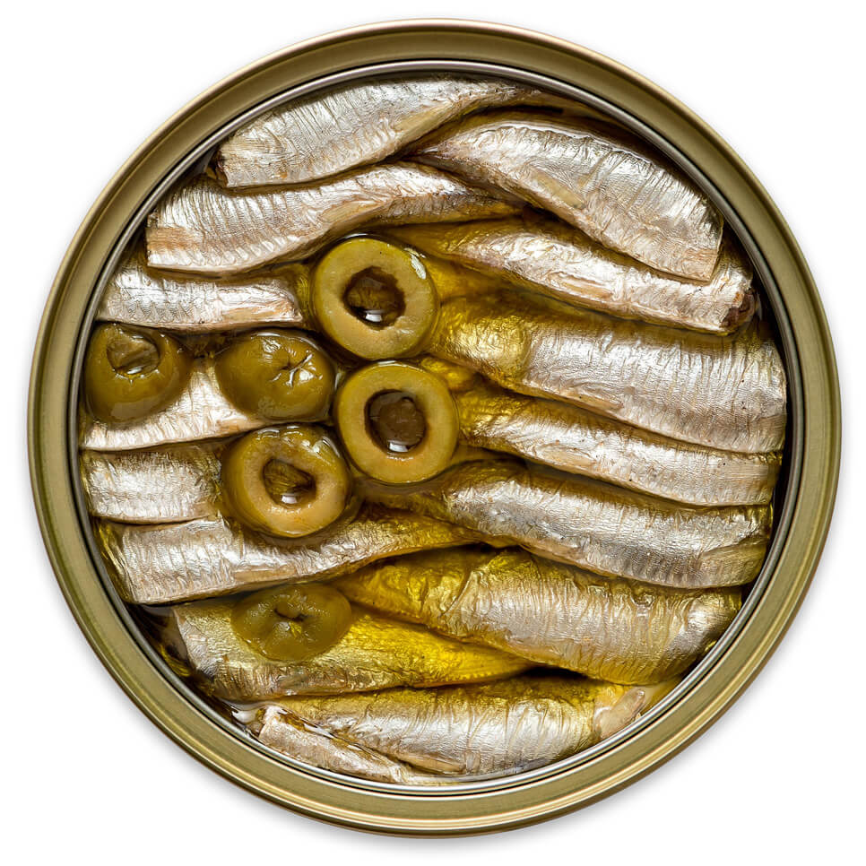 Brisling Sardines in Extra Virgin Olive Oil with Spanish Manzanilla Olives Open Can