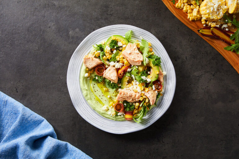 Salmon & Corn Salad with Avocado Yogurt